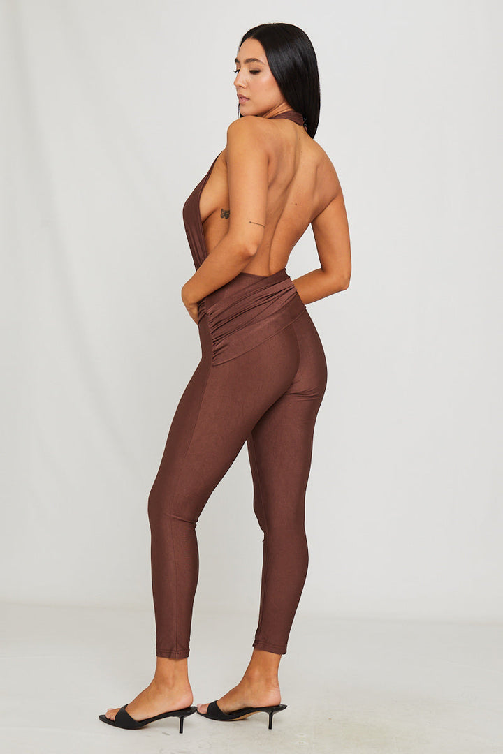 Valantomode | Chic Brown Halter Neck Cut-Out Sleeveless Jumpsuit