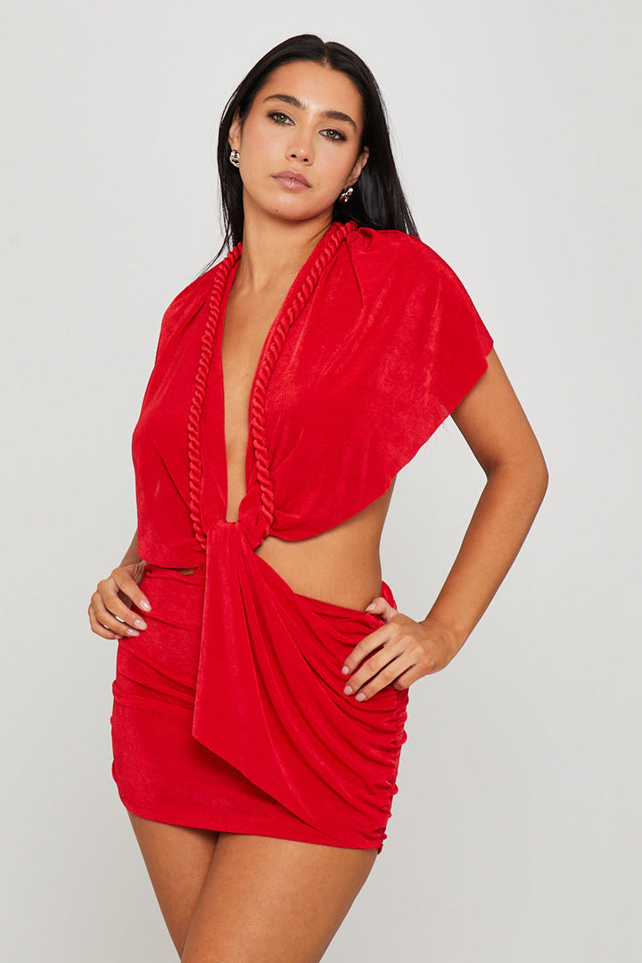 Valantomode | Red Halter Neck Braided Mini Dress with Open Back
