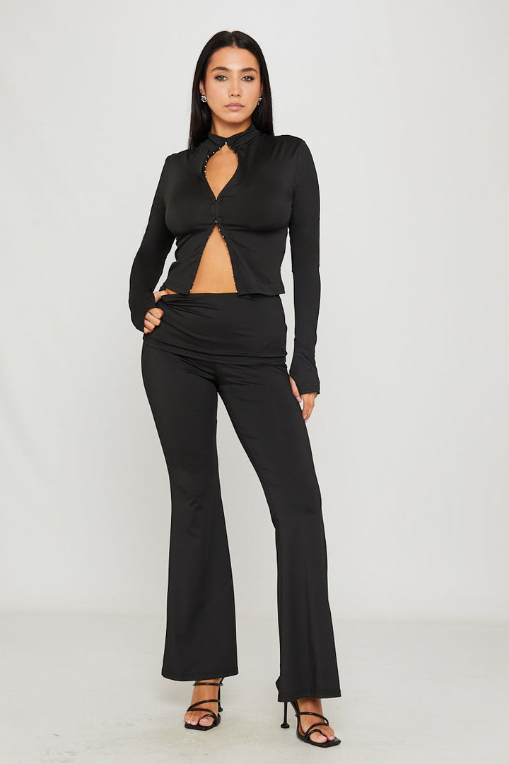 Valantomode | Chic Black High Neck Top & Leggings Set