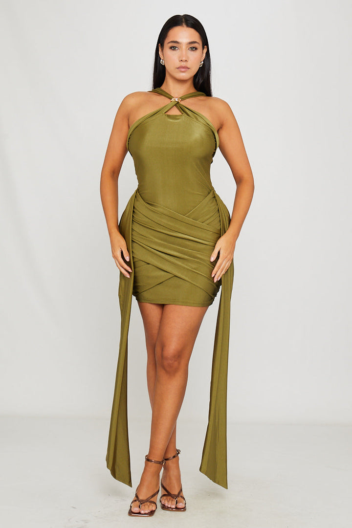 Valantomode | Chic Green Sleeveless Mini Dress with Ruched Draped Detail