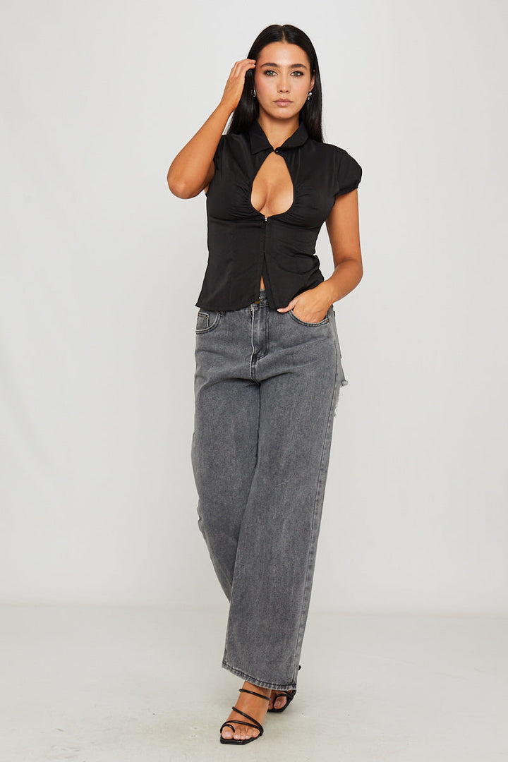 Valantomode | Chic Black Cap Sleeve Top with Plunge Hook & Eye Detail