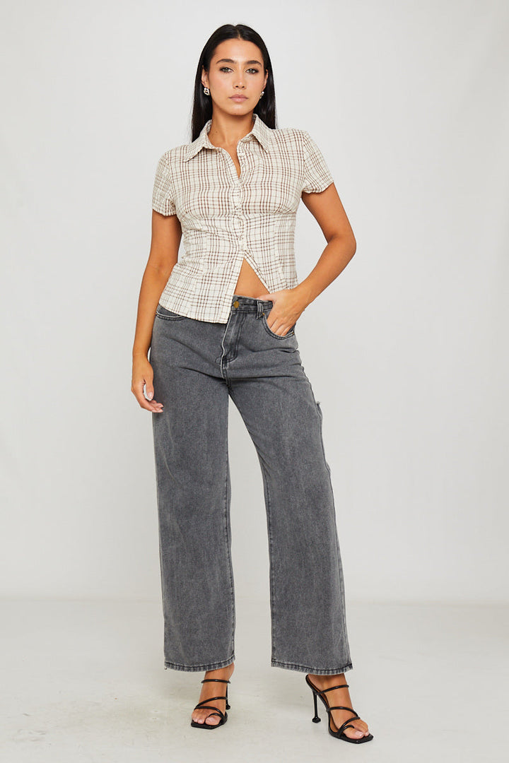 Valantomode | Stylish Brown Check Short Sleeve Collared Shirt
