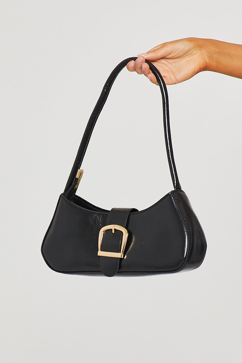 Valantomode | Chic Black Faux Leather Buckle Shoulder Bag