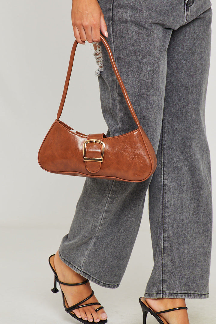 Valantomode | Chic Light Brown Faux Leather Buckle Shoulder Bag