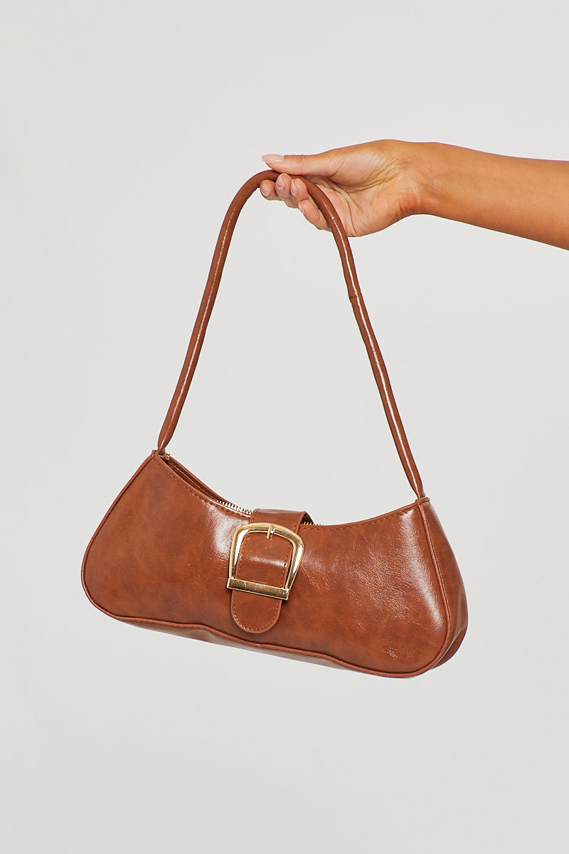Valantomode | Chic Light Brown Faux Leather Buckle Shoulder Bag