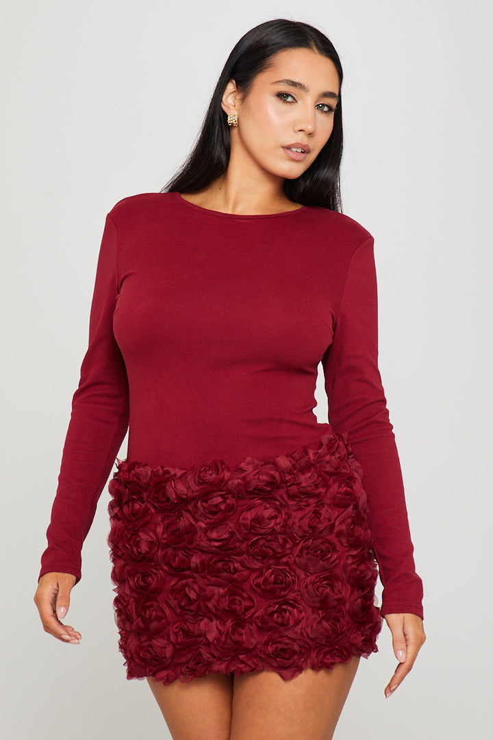Valantomode | Elegant Wine Floral Mini Dress with Textured Long Sleeves