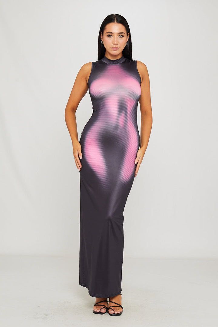 Valantomode | Sleek Black High Neck Sleeveless Maxi Dress with Heat Print