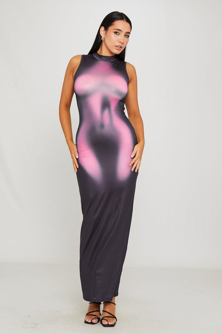 Valantomode | Sleek Black High Neck Sleeveless Maxi Dress with Heat Print