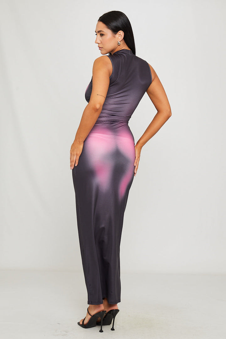 Valantomode | Sleek Black High Neck Sleeveless Maxi Dress with Heat Print