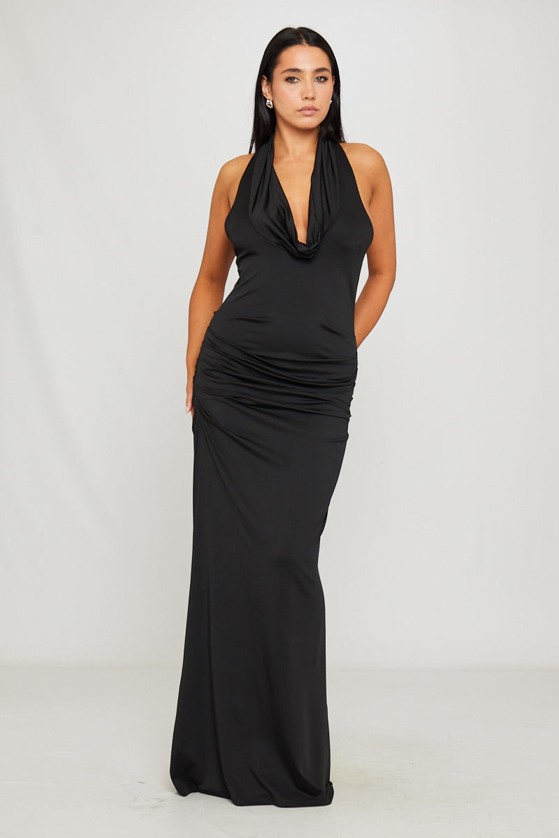 Valantomode | Chic Black Halter Neck Open Back Mesh Maxi Dress