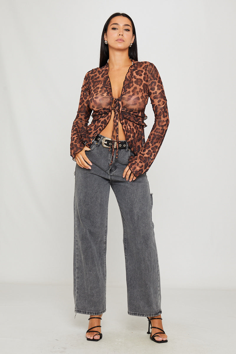 Valantomode | Chic Leopard Print Sheer Ruffle Tie Front Blouse