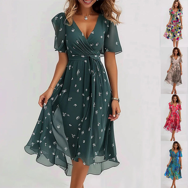 Valantomode | Floral V-Neck Midi Wrap Dress for Your Next Vacation