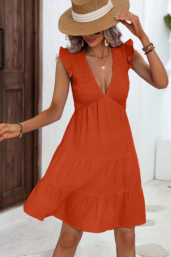 Valantomode | Chic Solid Color Smocked Mini Dress with Ruffle Hem