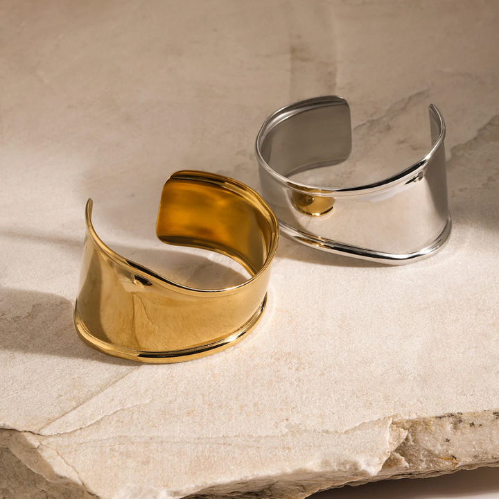 Valantomode | Heavyweight Gold Plated Wide Sculptural Bangle for Women