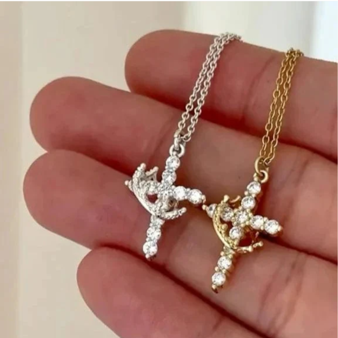 Valantomode | Plated Beatrix Crown and Cross Necklace with Cruciform Architecture and Refractive Assets