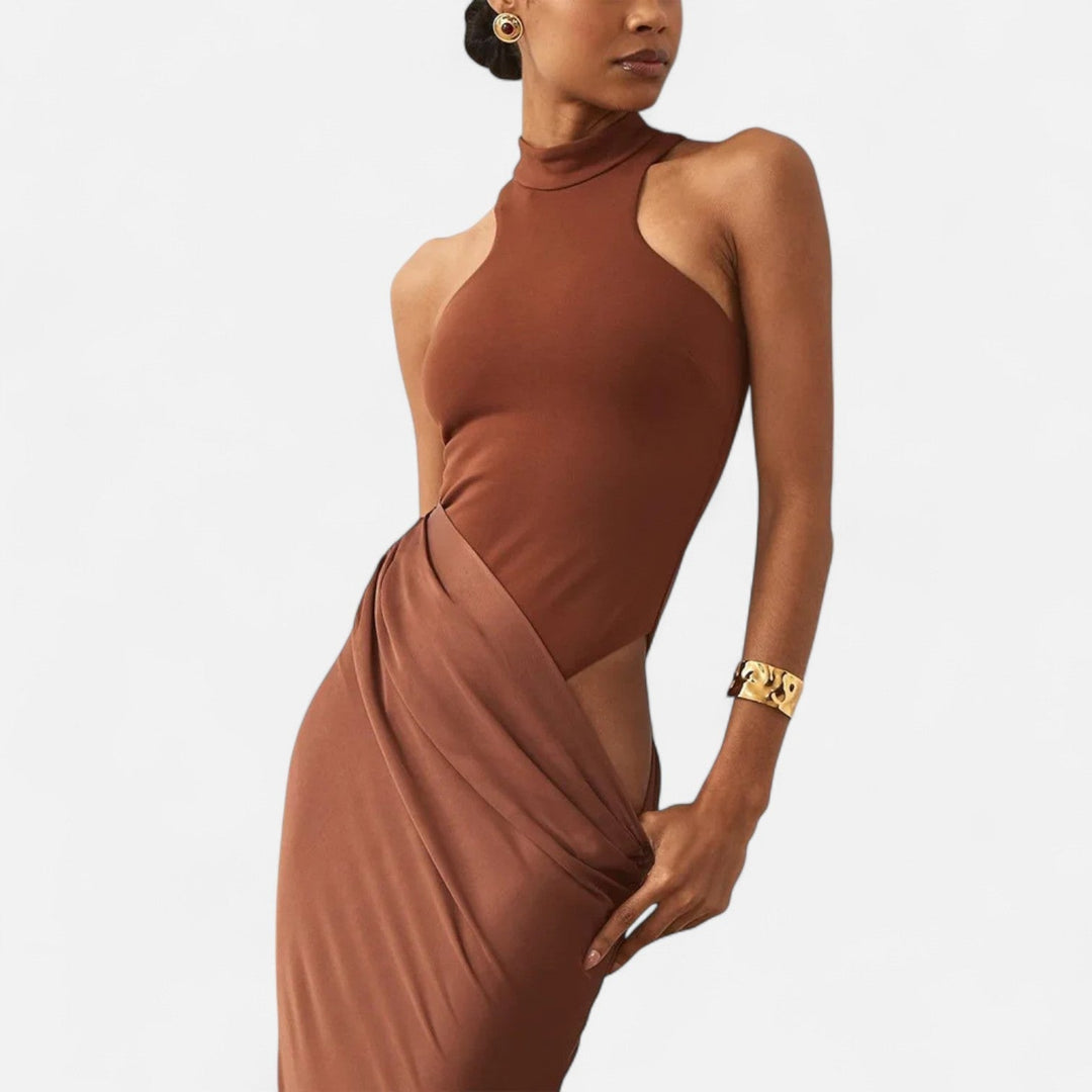 Valantomode | Women’s Satin Cut-Out Maxi Dress Silky Grace Sculpted Elegance