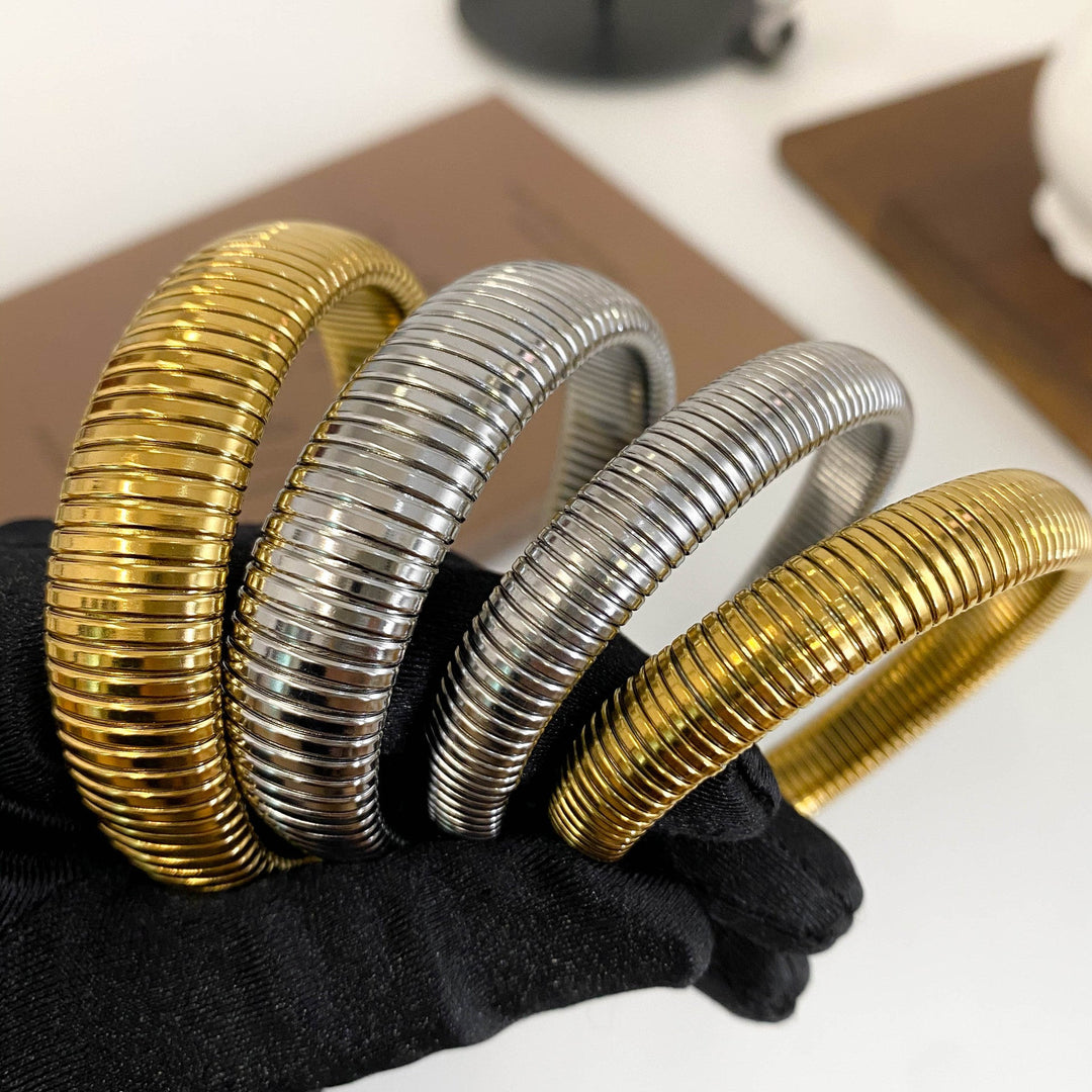 Valantomode | Gold Plated Ribbed Serpentine Bangle for Women