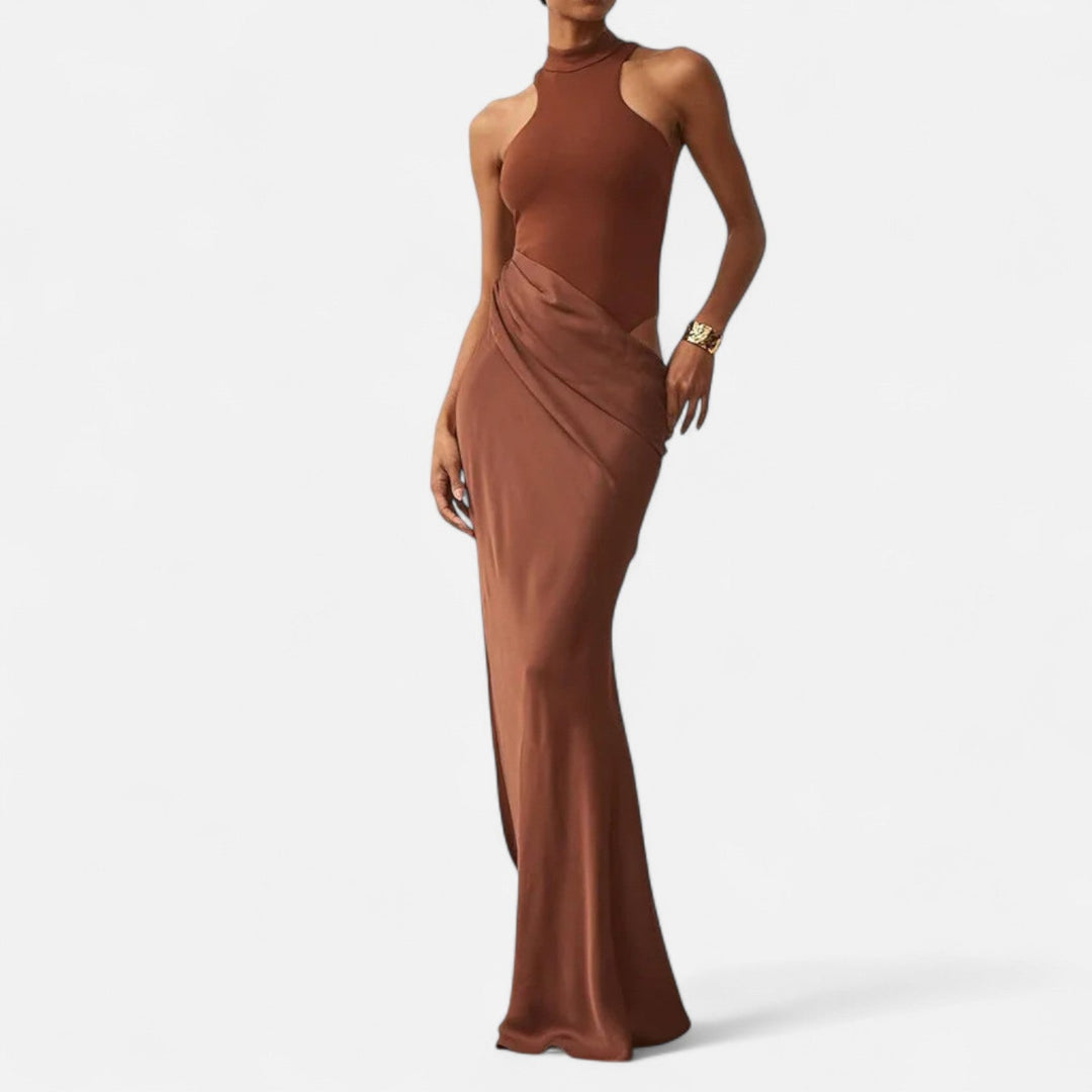 Valantomode | Women’s Satin Cut-Out Maxi Dress Silky Grace Sculpted Elegance