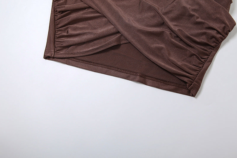 Valantomode | Chic Brown High Neck Ruched Mini Dress for Effortless Style