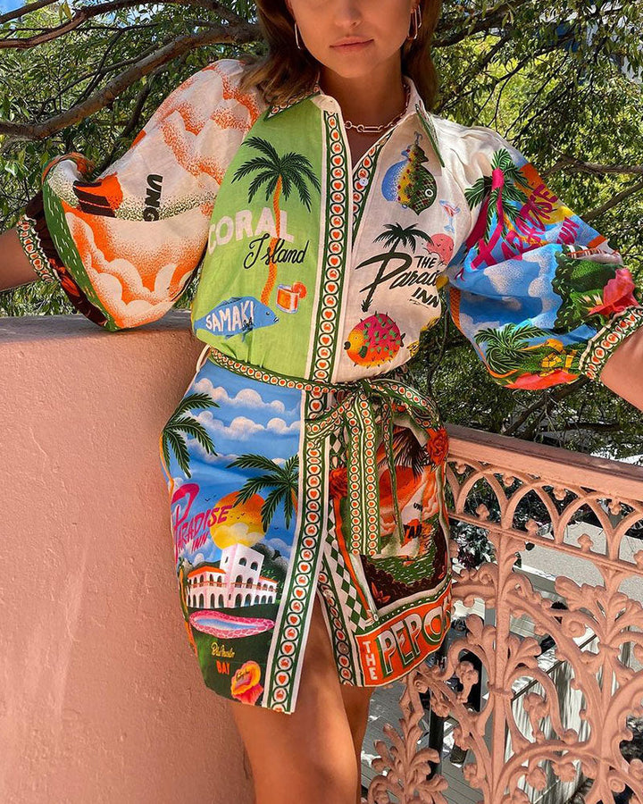 Valantomode | Tropical Shirt Dress with Belt for Stylish Summer Outings