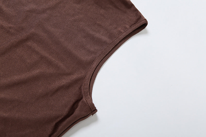 Valantomode | Chic Brown High Neck Ruched Mini Dress for Effortless Style