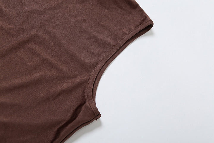 Valantomode | Chic Brown High Neck Ruched Mini Dress for Effortless Style