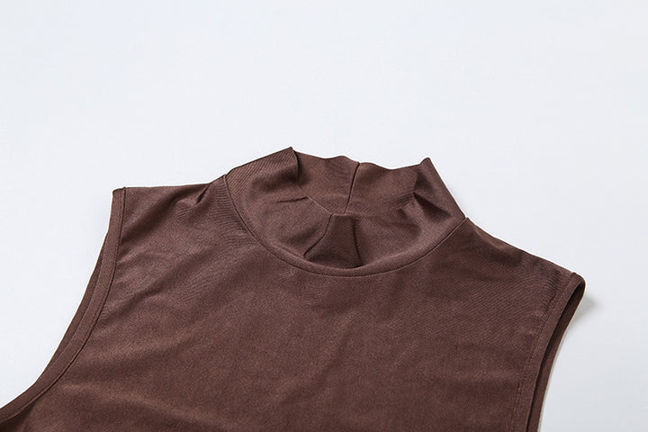 Valantomode | Chic Brown High Neck Ruched Mini Dress for Effortless Style