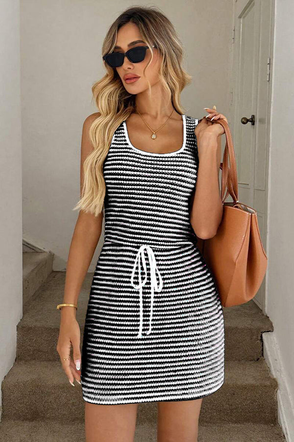 Valantomode | Chic Stripe Print Mini Dress with Drawstring Detail