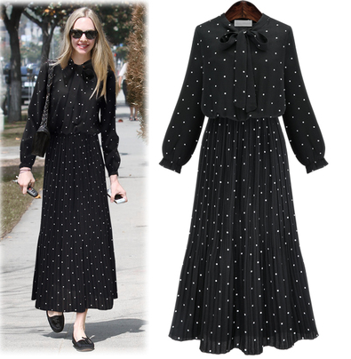 Valantomode | Chic Polka Dot Chiffon Maxi Dress with Tie-Neck Detail