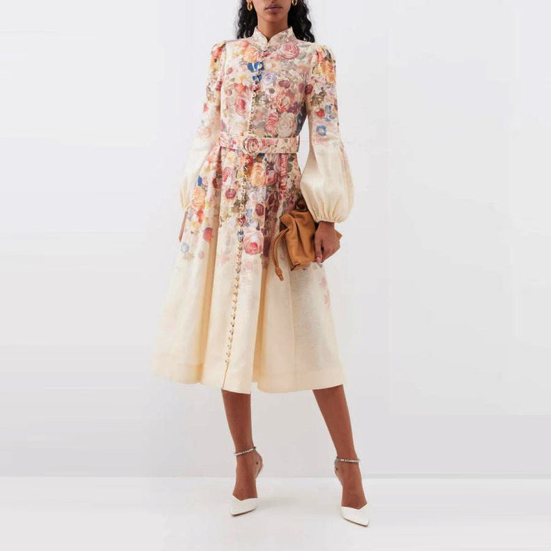 Valantomode | Floral Print Mini Dress with Belted Lace Trim