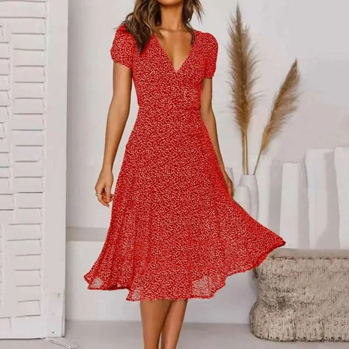 Valantomode | Stylish V-Neck Dress with Flowing Skirt for Spring Days
