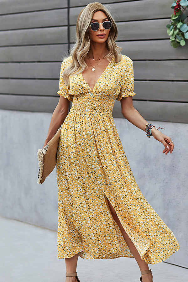 Valantomode | Floral Print V Neck Smocked Maxi Dress for Effortless Style