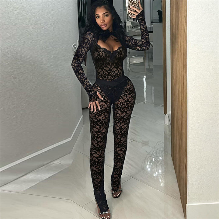 Valantomode | Elegant Black Sheer Lace Cut-Out Jumpsuit & Gloves Set
