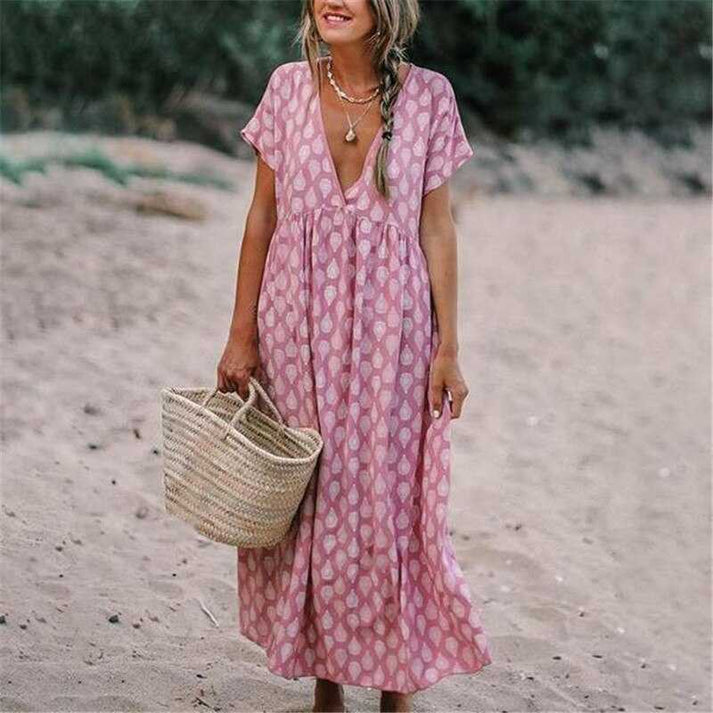 Valantomode | Stylish V-Neck Bohemian Dress for Effortless Summer Appeal