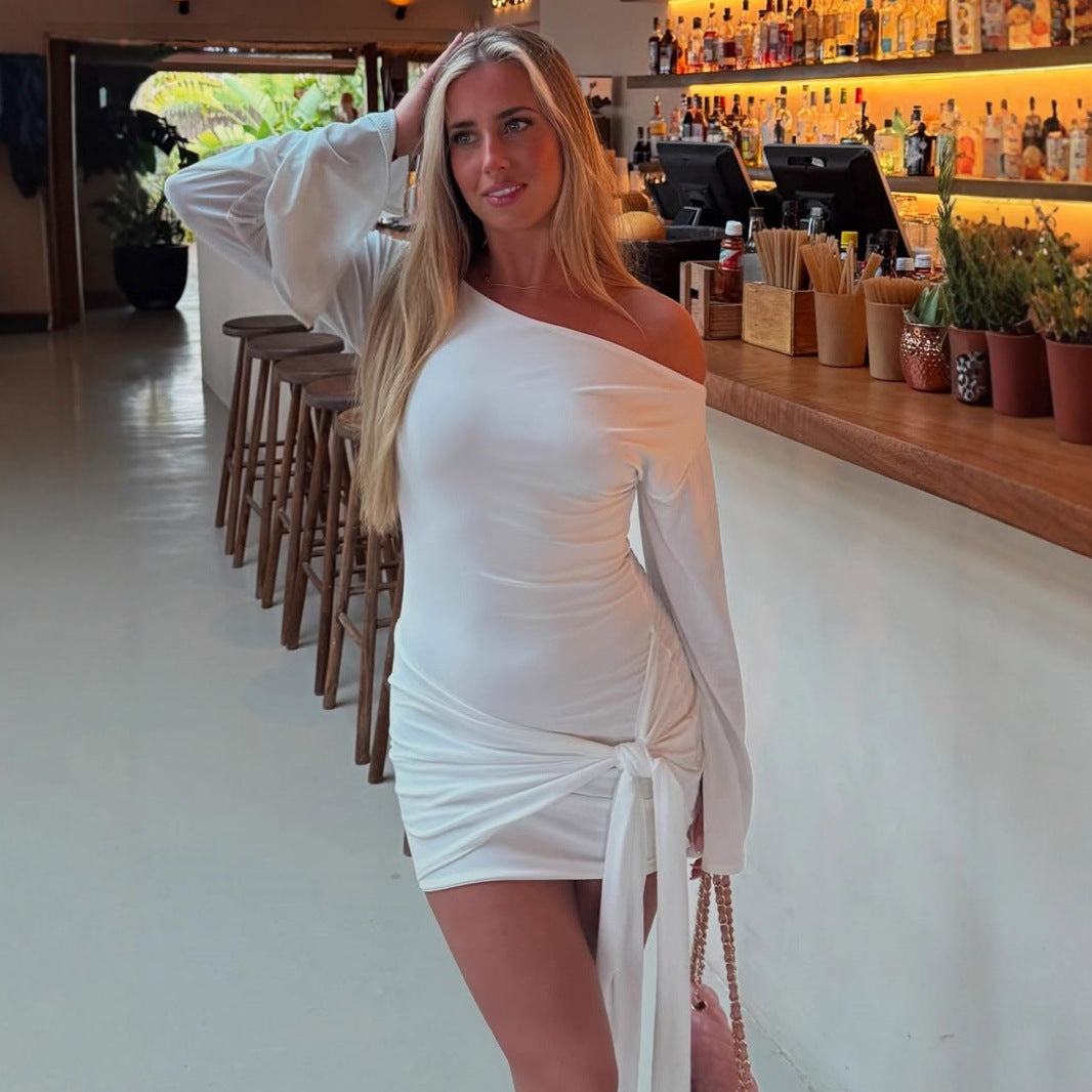 Valantomode | Chic White One-Shoulder Flared Mini Dress for Effortless Style