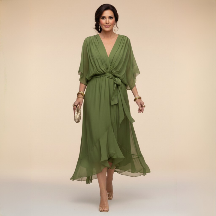 Valantomode | Beautiful V-neck Dress with Flowing Design for Women