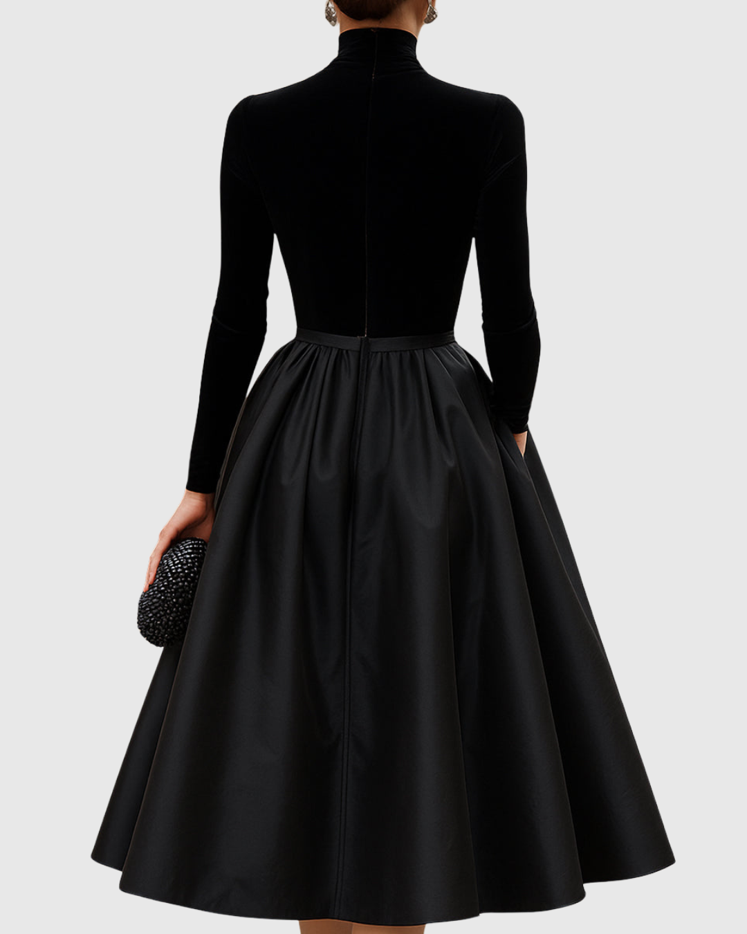 Valantomode | Chic Black Velvet and Satin Midi Dress for Evening Events