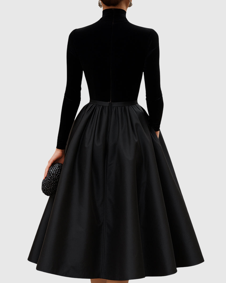 Valantomode | Chic Black Velvet and Satin Midi Dress for Evening Events