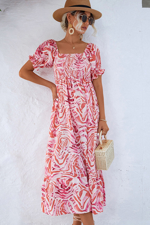 Valantomode | Off-Shoulder Smocked Midi Dress with Beachy Prints