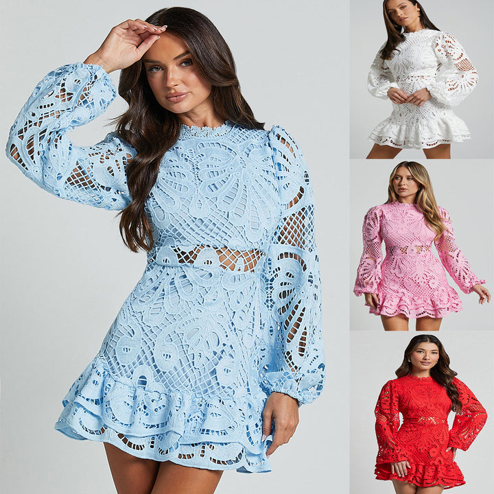 Valantomode | Lace Puff Sleeve Mini Dress for Effortless Elegance