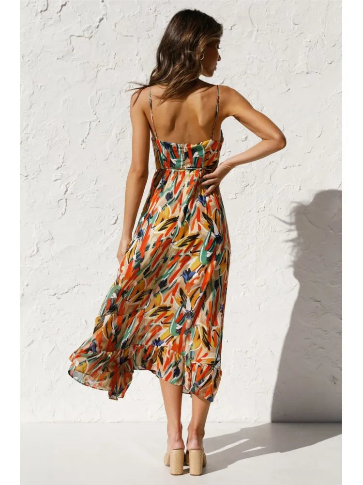 Valantomode | Cheerful Leaf Print Midi Dress for Effortless Style