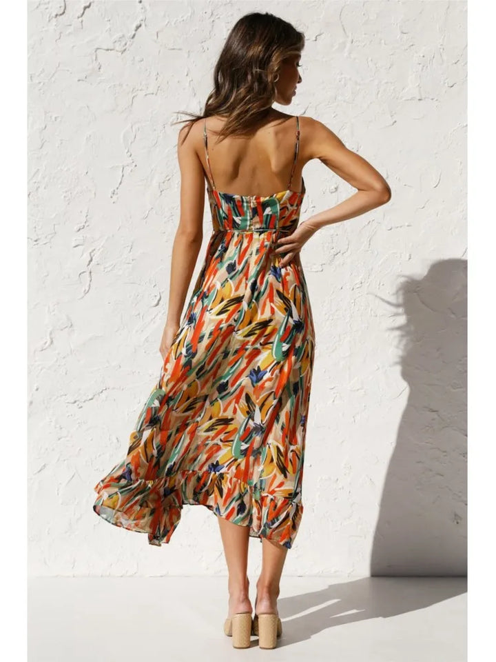 Valantomode | Cheerful Leaf Print Midi Dress for Effortless Style