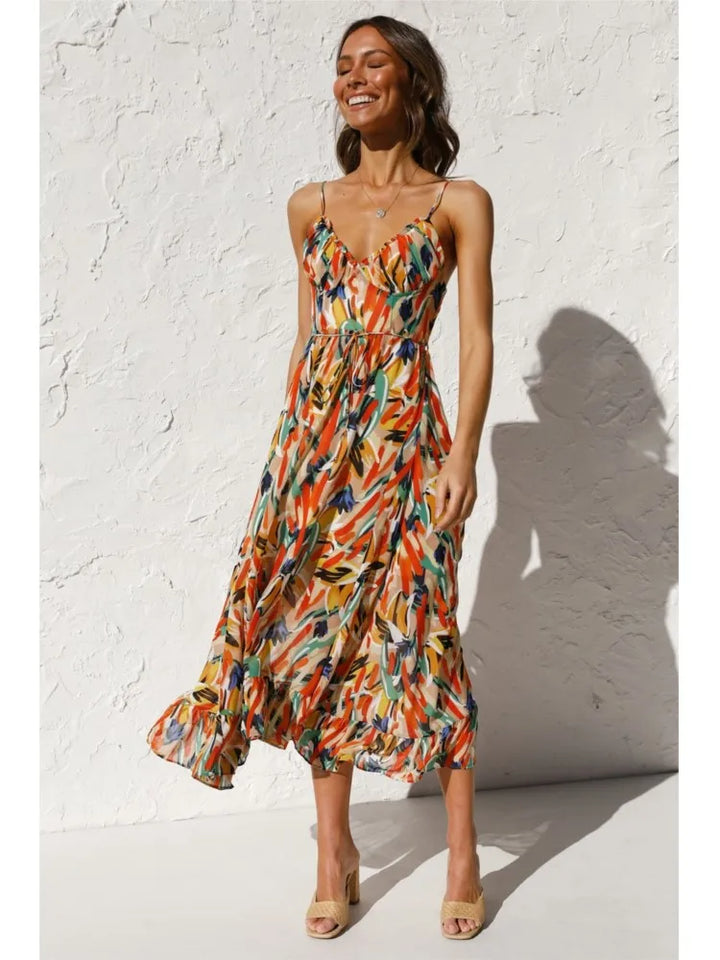 Valantomode | Cheerful Leaf Print Midi Dress for Effortless Style