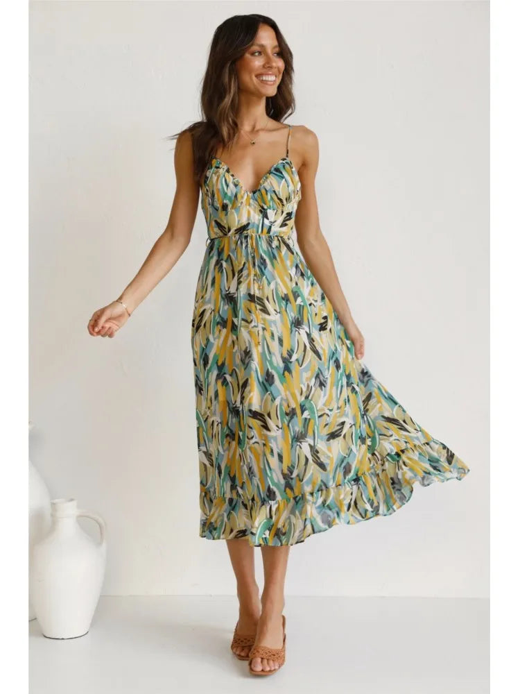 Valantomode | Cheerful Leaf Print Midi Dress for Effortless Style