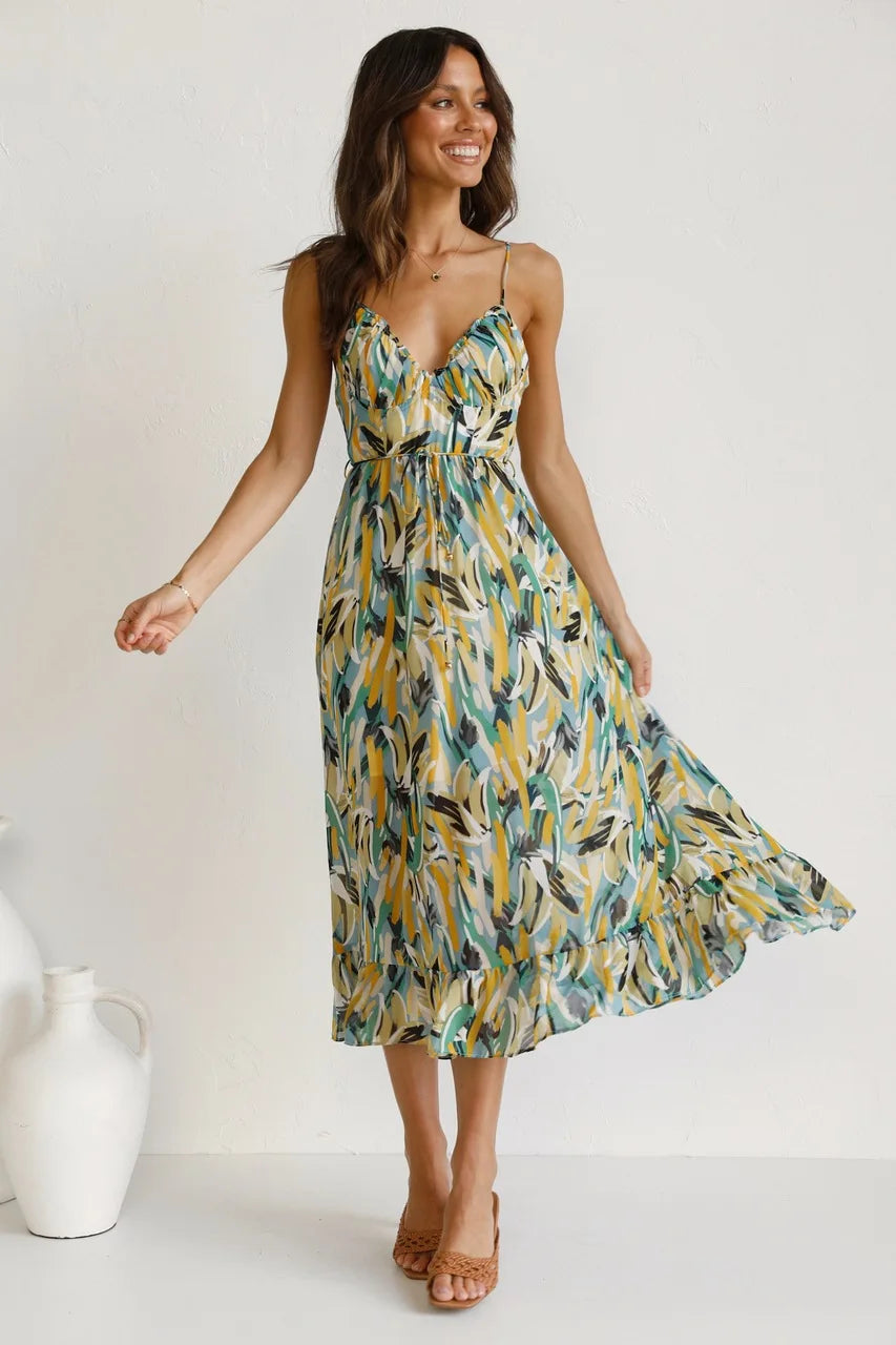 Valantomode | Cheerful Leaf Print Midi Dress for Effortless Style