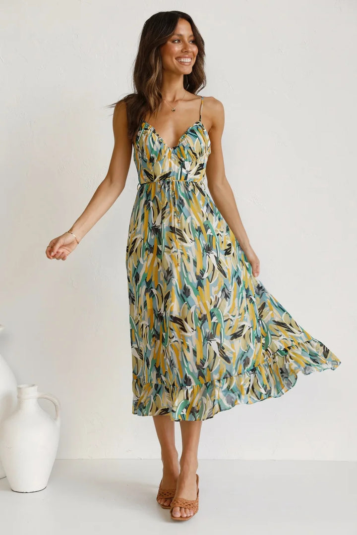 Valantomode | Cheerful Leaf Print Midi Dress for Effortless Style