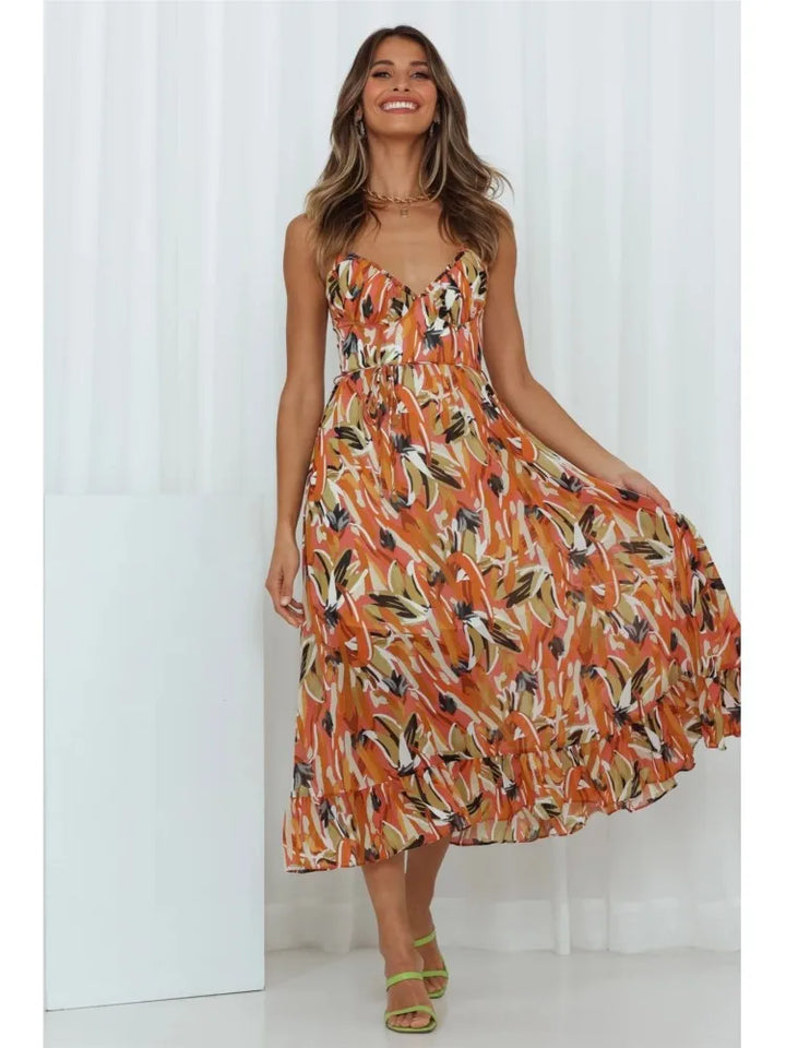 Valantomode | Cheerful Leaf Print Midi Dress for Effortless Style