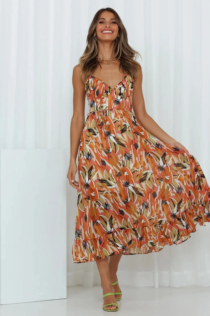 Valantomode | Cheerful Leaf Print Midi Dress for Effortless Style