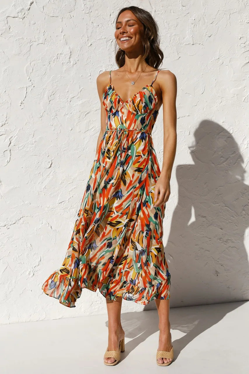 Valantomode | Cheerful Leaf Print Midi Dress for Effortless Style