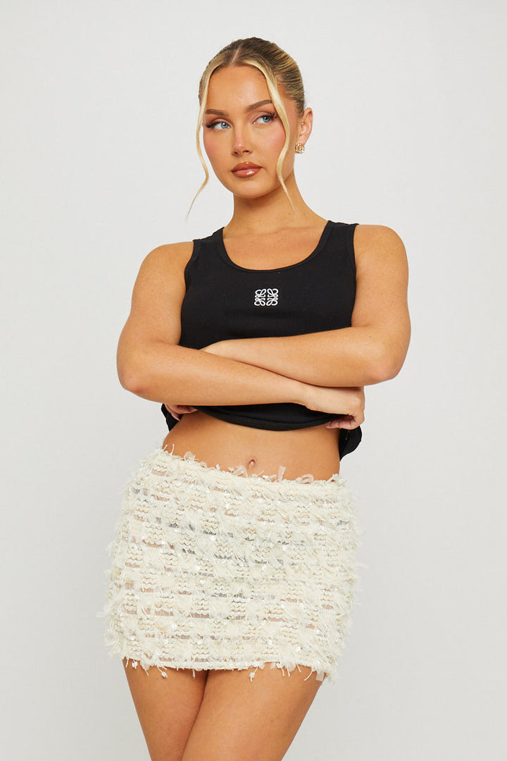 Valantomode | Cream Shaggy Low Rise Mini Skirt for Trendy Style
